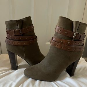 Taupe ankle booties with brown strap detail, like new condition, size 7.5